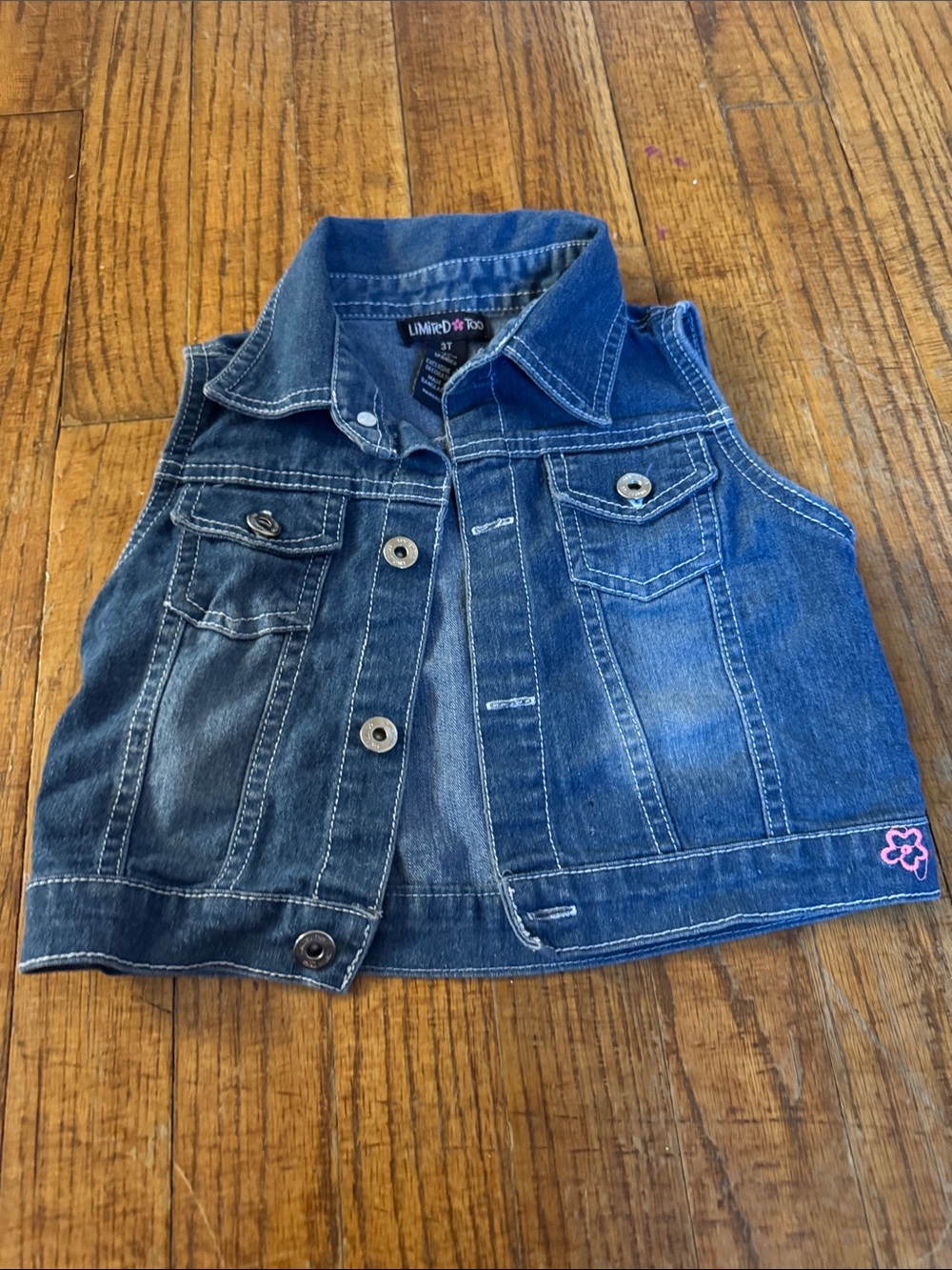 Limited Too Blue Denim Girls' Sleeveless Vest with Pink Flower Accent